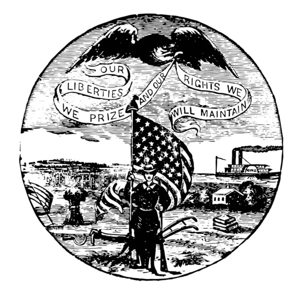 Official Seal State Iowa 1889 Soldier Standing Wheat Field Surrounded — Stock Vector