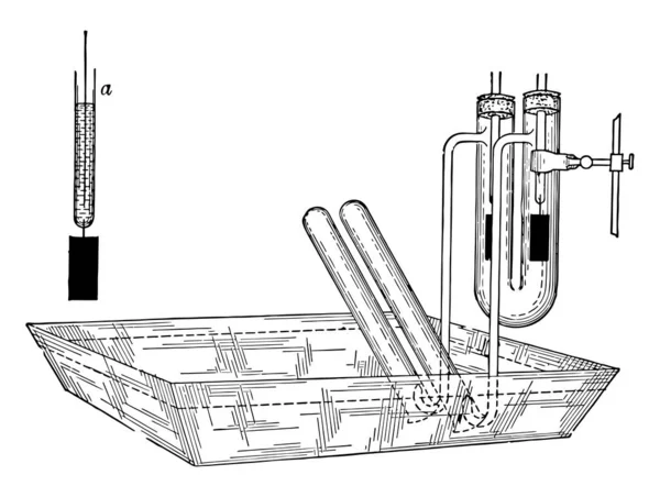 Proces Elektrolizy Jest Pokazane Tutaj Vintage Rysowania Linii Lub Grawerowanie — Wektor stockowy