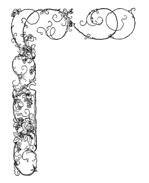 花卉角落有葡萄和叶子图案设计 复古线条画或雕刻插图 — 图库矢量图片