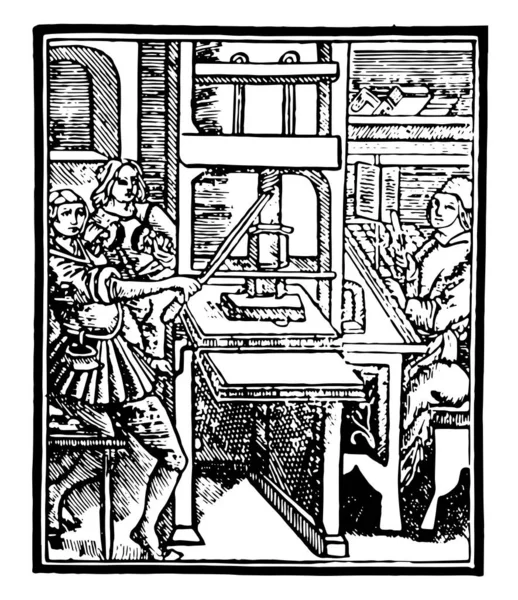 Esta Ilustración Representa Gutenberg Press Donde Screw Presiona Platina Sobre — Vector de stock