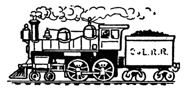 Locomotora Vapor Dibujo Línea Vintage Ilustración Grabado — Vector de stock