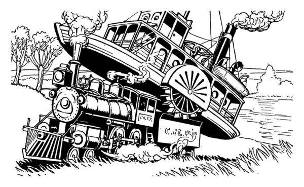 Barco Vapor Sobre Locomotora Vapor Dibujo Línea Vintage Ilustración Grabado — Archivo Imágenes Vectoriales