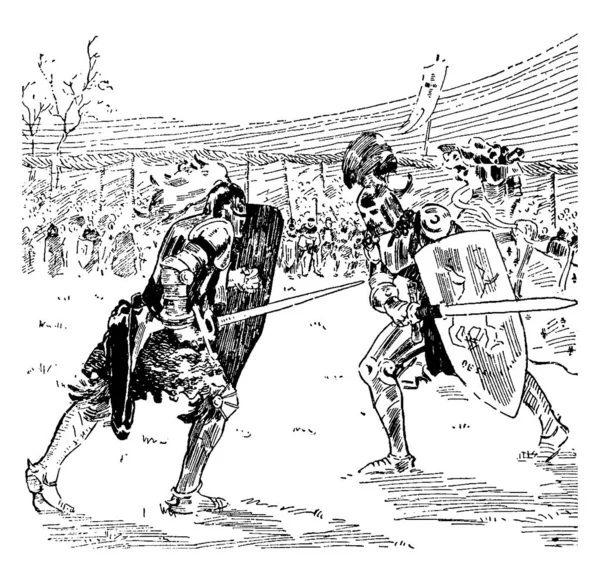 两名士兵正在用剑和盾牌 复古线画或雕刻插图作战 — 图库矢量图片