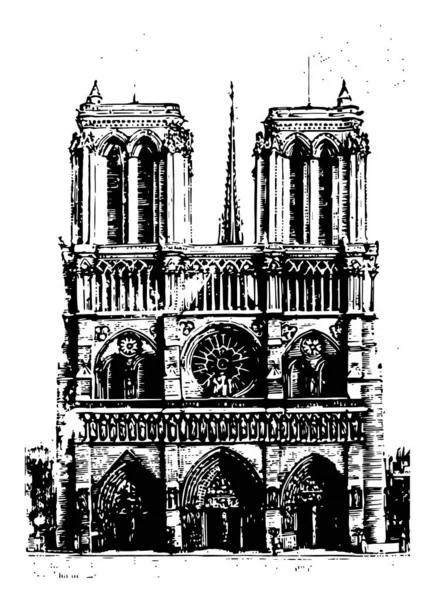 ノートルダム大聖堂 パリの聖母大聖堂や単にノートルダム大聖堂 ビンテージの線描画や彫刻イラスト 正面から見て — ストックベクタ