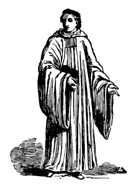 Cisterciens Était Vêtu Robe Blanche Dessin Ligne Vintage Illustration Gravure — Image vectorielle