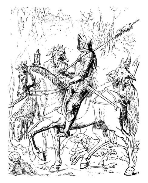 Cavaleiro Tem Morte Diabo Nesta Imagem Desenho Linha Vintage Gravura —  Vetores de Stock