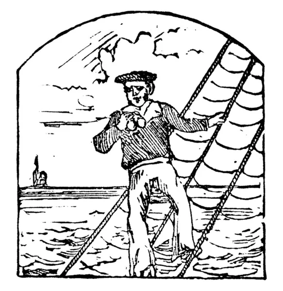 この図は 船乗りを仕事として商業や海軍の船 ボート ビンテージ ライン描画または彫刻イラストの乗組員のメンバーとして動作するように — ストックベクタ