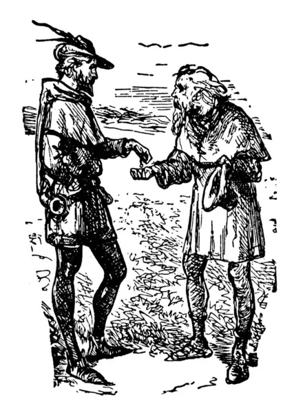 Робин Гуд Сцена Показывает Человека Шляпе Дающего Руку Другому Человеку — стоковый вектор