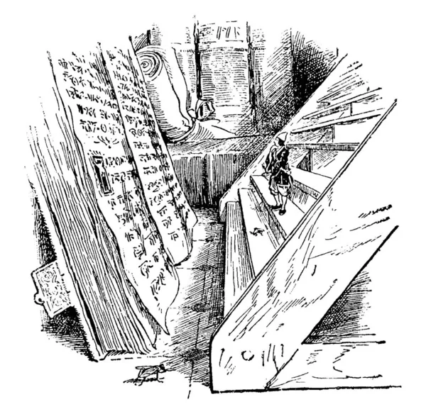 一个小男子站在木台阶阅读巨型书 复古线条画或雕刻插图 — 图库矢量图片