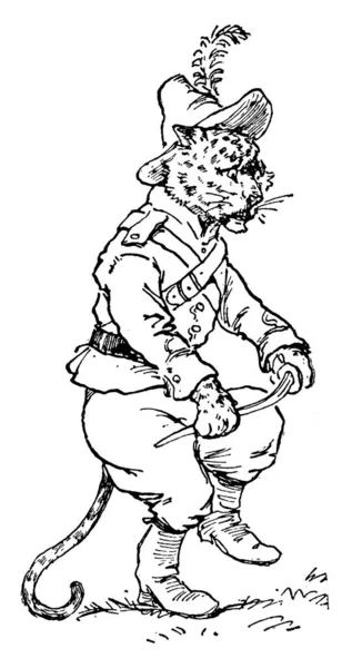 Leopardo Vestido Humano Con Sombrero Emplumado Rompiendo Espada Con Patas — Archivo Imágenes Vectoriales
