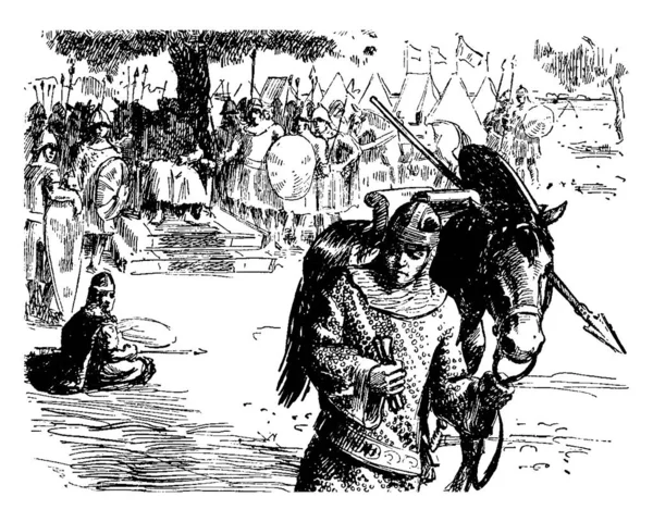 王の椅子と槍や盾は彼 ビンテージの線描画や彫刻イラストから離れて歩いて馬と人の近くに立っていると彼の兵士の上に座って — ストックベクタ