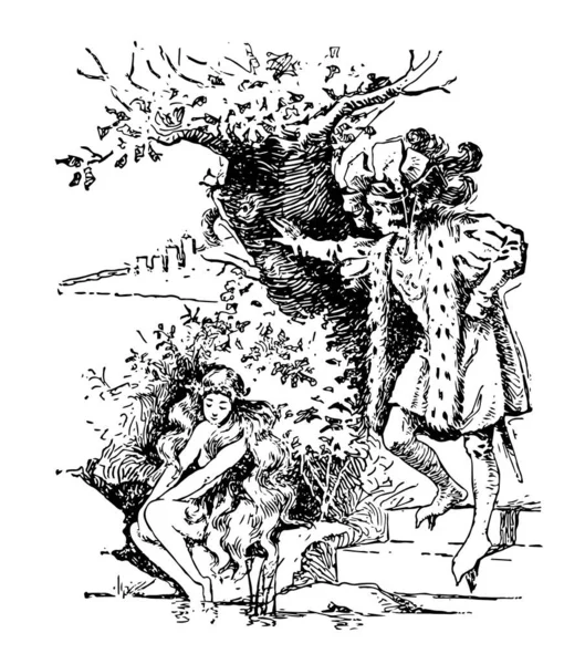 小美人鱼 这个场景显示一个女士坐在树下附近的水 和人站在她附近 复古线条画或雕刻插图 — 图库矢量图片