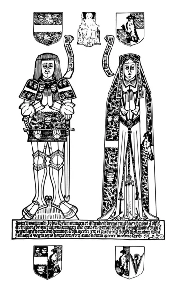 真鍮記念碑はジョン シェリー Esq と妻エリザベス像 ビンテージの線描画や彫刻の図 — ストックベクタ