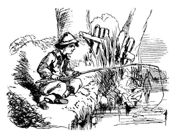 男孩在池塘里用钓竿捕鱼 复古线画或雕刻插图 — 图库矢量图片