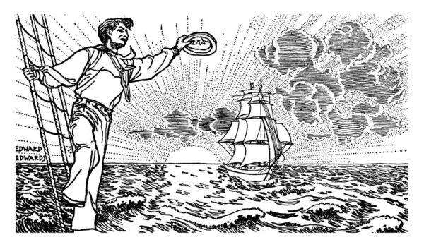 この図は 船乗りと船船 ビンテージの線描画や彫刻イラストの乗組員のメンバーとして働くことを仕事を表します — ストックベクタ