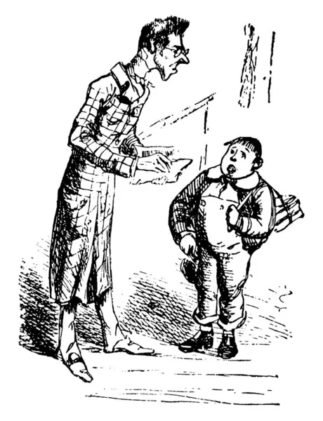 一个拿着书和站在他身边的小男孩说话的人 老式的线条画或雕刻插图 — 图库矢量图片
