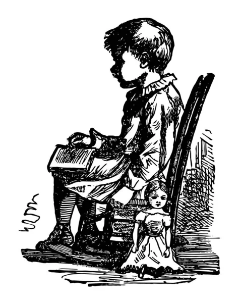 リトル ジャック ダンディ この写真は 小さな男の子が椅子に座って ビンテージの線描画や彫刻イラストに近い人形を保持を示しています — ストックベクタ