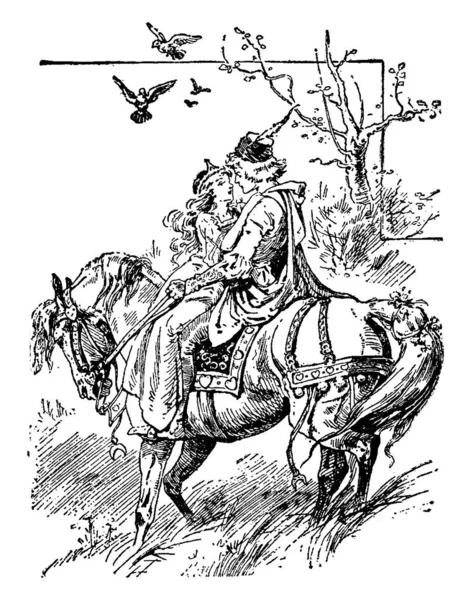 埃尔莎和王子 这一幕显示一个女孩与王子一起骑马 并面对对方 飞行鸟和树木的背景 复古线画或雕刻插图 — 图库矢量图片
