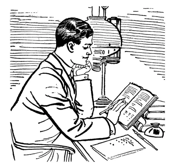 Studying Book Boy Desk Lamp Write Vintage Line Drawing Engraving — Stock Vector