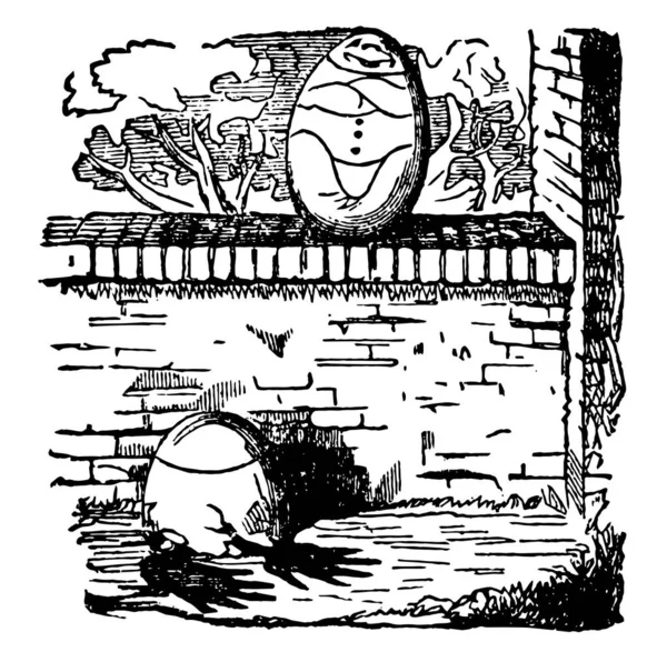 Humpty Dumpty, this scene shows two eggs, one egg fall on ground and broken, another egg sitting on wall and laughing, vintage line drawing or engraving illustration