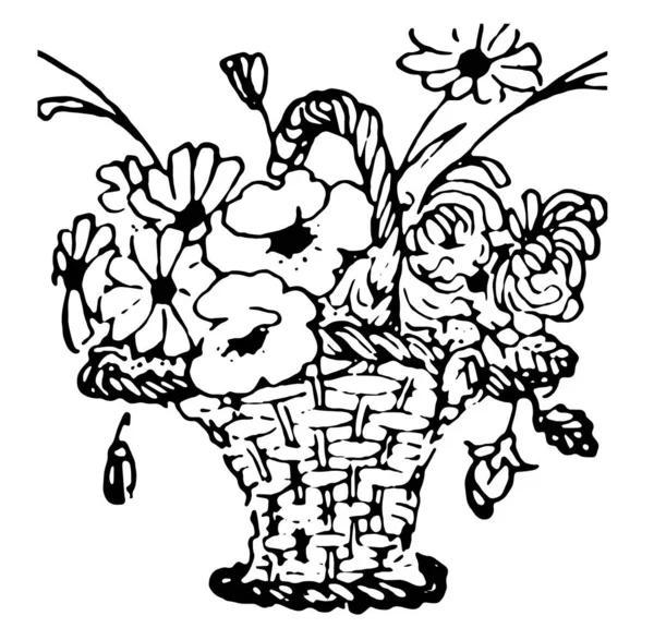 Λουλούδια Στο Καλάθι Αυτή Την Εικόνα Εκλεκτής Ποιότητας Γραμμικό Σχέδιο — Διανυσματικό Αρχείο
