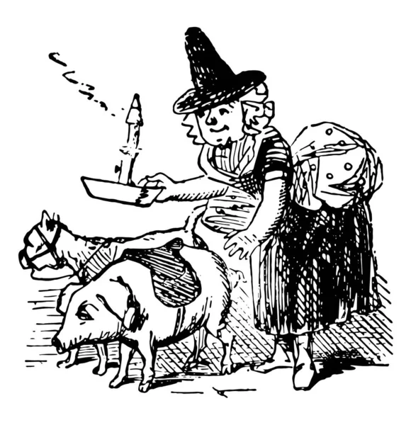 Little Maid, this scene shows a little lady with dog and pig, holding something in hand, vintage line drawing or engraving illustration
