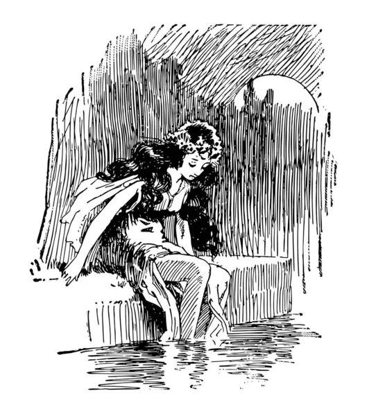 小美人鱼 这个场景显示一个女孩坐在水附近 她的腿在水中 复古线条画或雕刻插图 — 图库矢量图片