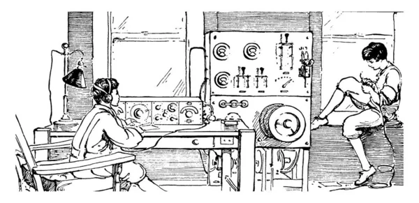 Этой Иллюстрации Изображены Мальчики Играющие Беспроводной Зарядкой Винтажным Рисунком Линий — стоковый вектор