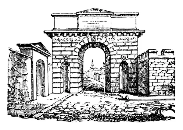 エルコラーノ遺跡 古代ローマの町 ポンペイ ビンテージの線描画や彫刻イラストと共に保存されている有名な門 — ストックベクタ