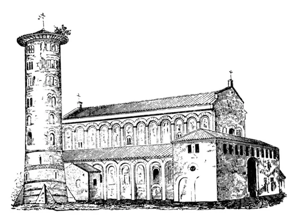 圣诺沃圣阿波里纳尔 在拉文纳的教堂教堂 伟大的宫殿教堂 意大利建筑和古迹 罗马建筑 复古线条画或雕刻插图 — 图库矢量图片