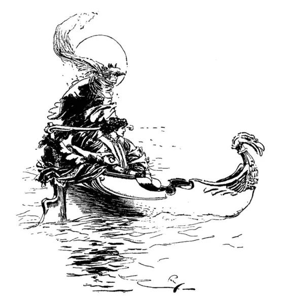 Ein Mann Boot Wasser Vintage Linienzeichnung Oder Gravur Illustration — Stockvektor