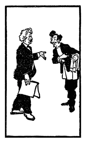 说意大利语的马克 这一幕显示 有两个人在聊天 手里拿着纸 拿着复古的线条画或雕刻插图 — 图库矢量图片