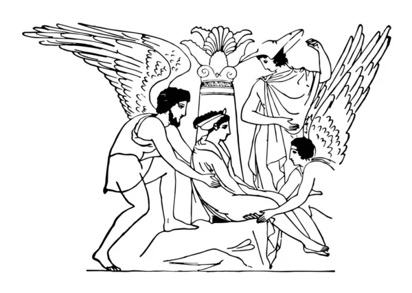 Lecythus 是一种古老的希腊花瓶 希腊花瓶 特别是在坟墓 装饰与彩色数字在白色的地面上 复古线条画或雕刻插图 — 图库矢量图片