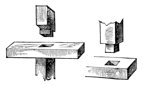 此插图代表用于切割一块木材 复古线条绘制或雕刻插图中的正方形或矩形孔的 Mor偷工减料 — 图库矢量图片