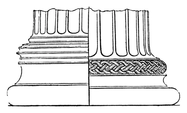 斯派雅 一列的基础 在托斯卡纳 罗马多立克 基地由一个单一的圆环 复古线条画或雕刻插图 — 图库矢量图片