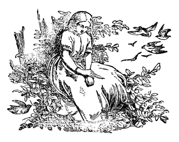 沼の王の娘 女の子は木と彫刻イラストやビンテージ線画背景に飛んでいる鳥の近く座っています — ストックベクタ