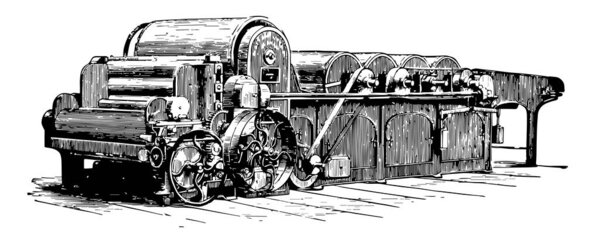 This illustration represents function of Cotton Machine, vintage line drawing or engraving illustration.