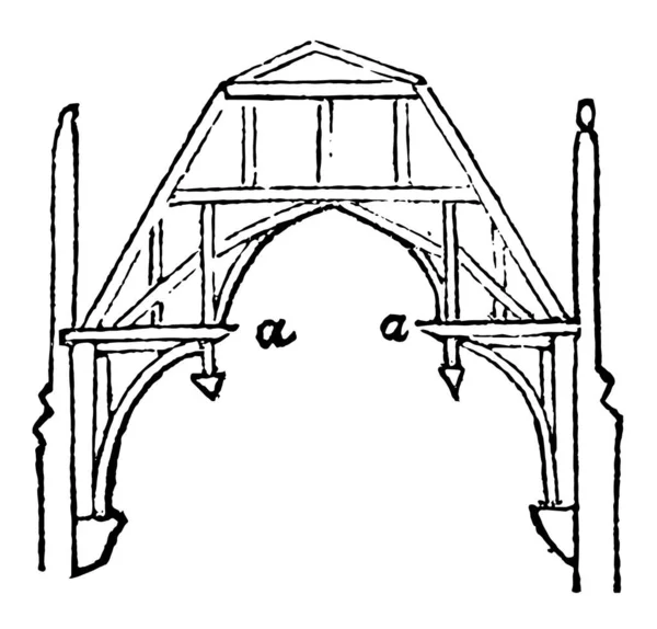 Hammer Beam Partially Opening Decorative Open Timber Roof Truss Vintage — Stock Vector