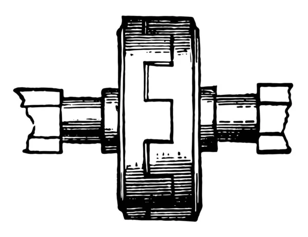 这个图例表示连接两根轴的相邻端的金属盒 复古线条绘图或雕刻插图的耦合盒 — 图库矢量图片