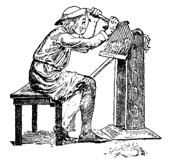 此插图代表羊毛精梳机 在这里 复古线条画或雕刻插图的机器 — 图库矢量图片