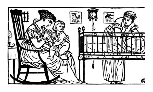 장면은 아기와 아기의 올빼미 빈티지 그림에 클록의 프레임을 여자의 보여줍니다 — 스톡 벡터