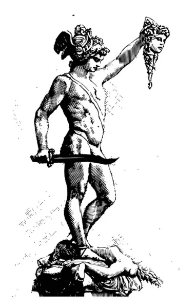 Perseus Escultura Segurando Uma Cabeça Decapitada Desenho Linha Vintage Gravura — Vetor de Stock