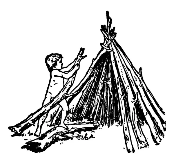 モウグリの兄弟 木の棒が ヴィンテージの線描画や彫刻イラストとテントを作る小さな子供の図 — ストックベクタ