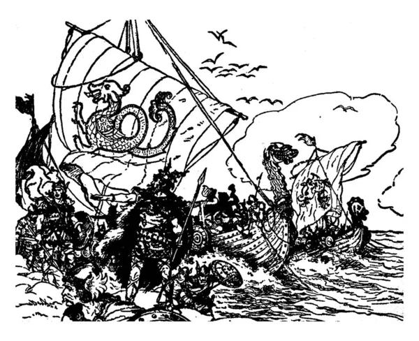 人和士兵用长矛在海洋中的龙舟 复古线条画或雕刻插图 — 图库矢量图片