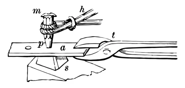 这个插图代表的是木工作端尖 复古线画或雕刻插图的冲床 — 图库矢量图片