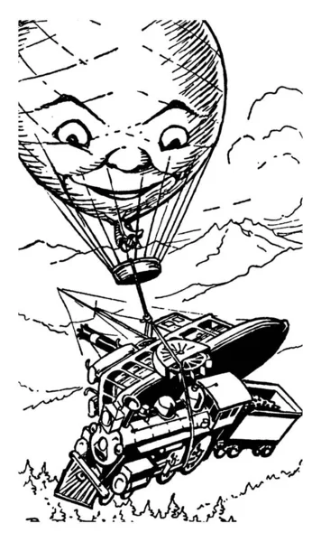 Heißluftballon Der Dampfboot Und Dampflokomotive Hochzieht Oldtimer Linienzeichnung Oder Gravierillustration — Stockvektor