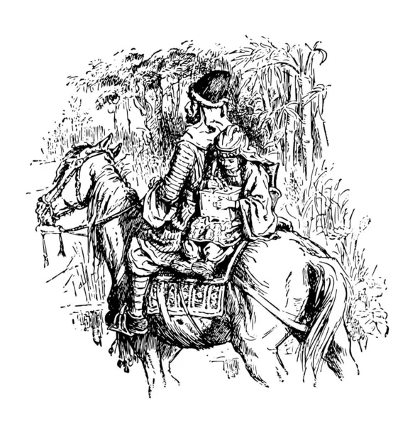 在马背上的男人和孩子 这个场景显示一个男人和孩子骑在马和孩子手中的藏品盒 背景树 复古线条画或雕刻插图 — 图库矢量图片