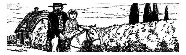 Мэгги Тулливер Сцена Показывает Мужчину Маленькой Девочкой Верхом Лошади Доме — стоковый вектор