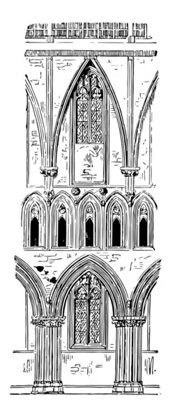 ウェルズ大聖堂 聖アンドリュー教会 ビンテージの線描画や彫刻イラストの司教の座席で英国国教会の大聖堂の身廊 — ストックベクタ