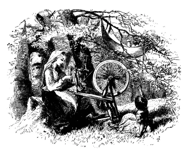 一个女人 一个旋转的轮子和小女孩坐在她附近的地面上 婴儿在布料摇篮树和小女孩抱着绳子挂在摇篮 复古线条画或雕刻插图 — 图库矢量图片